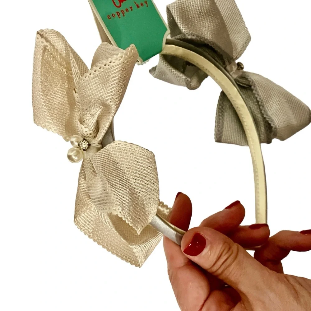Copper key Girls headband 2 PC set bows silver ivory NEW